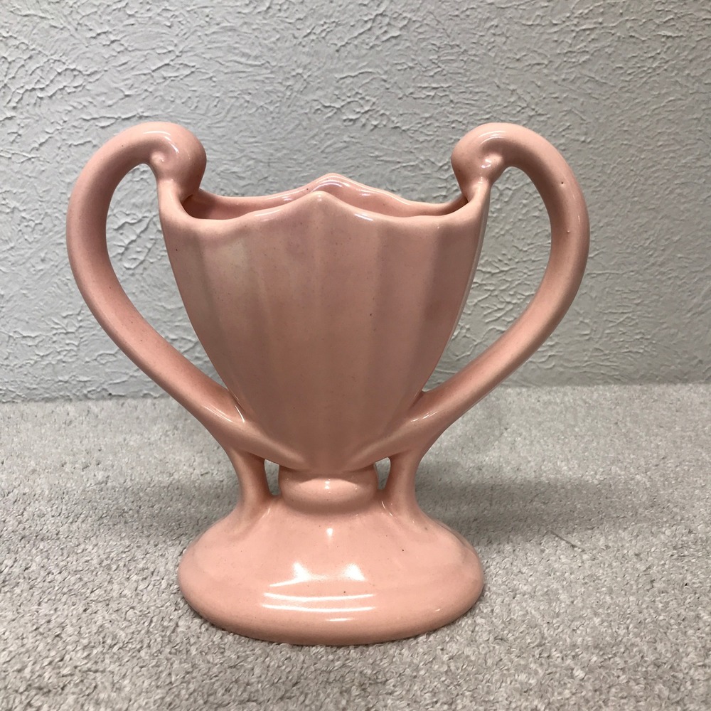 Vintage Pink Ceramic Trophy Vase Twin Handles MCM Art Deco Fluted 7"‎